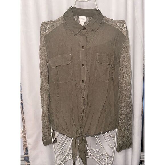 GOOD CONDITION CHICO’S Dreama Lace Button-Down Top size 2 (MEDIUM) green - Picture 1 of 9